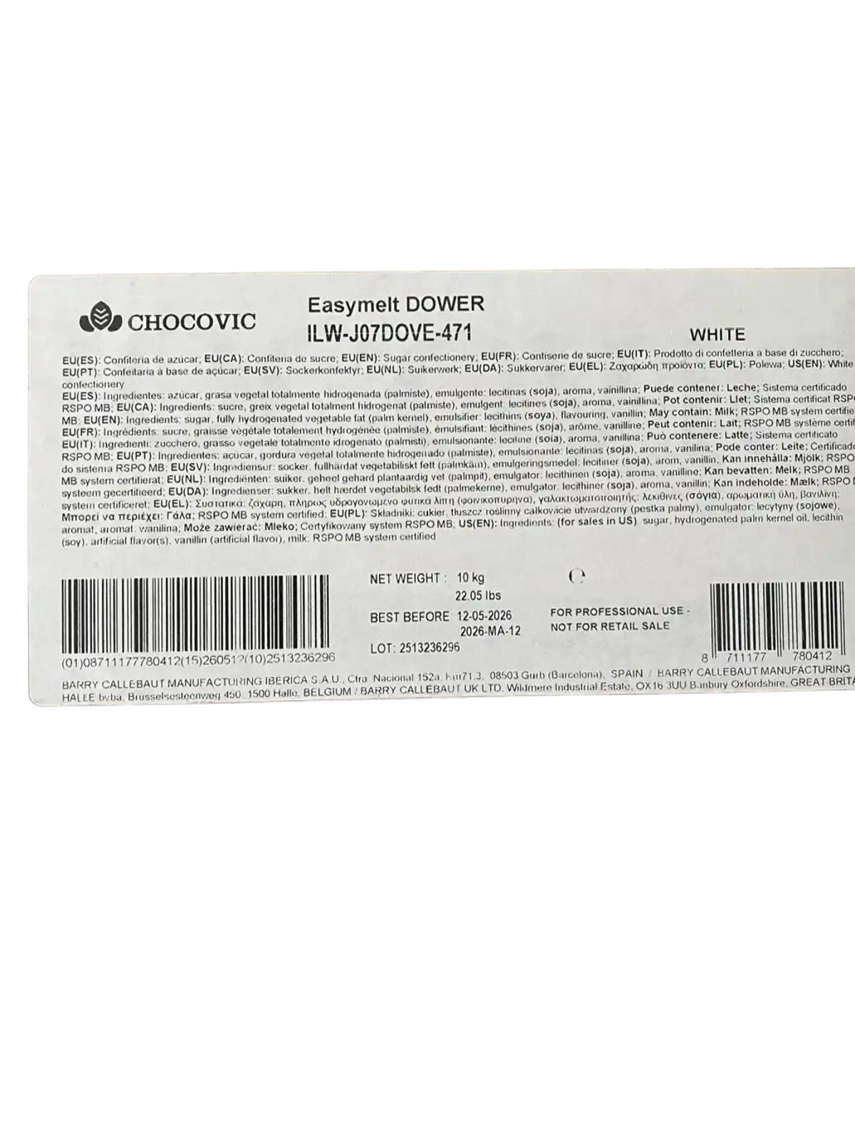 Chocolate Sucedâneo Branco Easymelt Dower 1Kg - Chocovic
